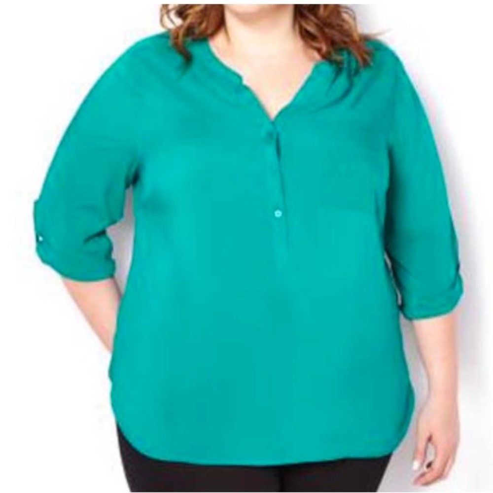 BLOUSE, WOVEN POPOVER, DEEP EMERALD, SIZE 5X, ½ BUTTON FRONT, MANDARIN COLLAR,